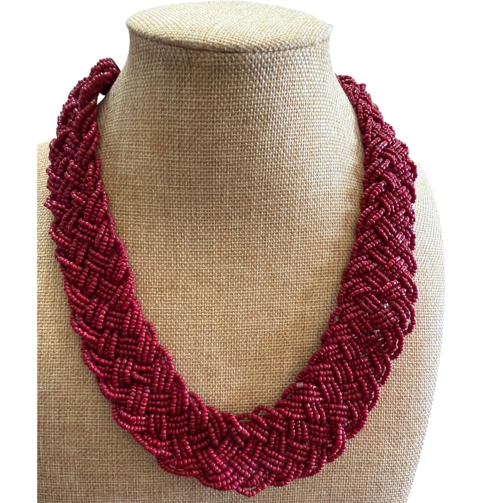 Red Seed Bead Braided Multi Strand Statement Bib Necklace Eclectic Chunky
